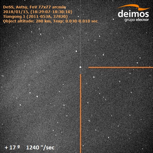 DSS Antsy image showing Tiangong-1 acquired 15 Jan 2018 Credit: 2018 Deimos Sky Survey