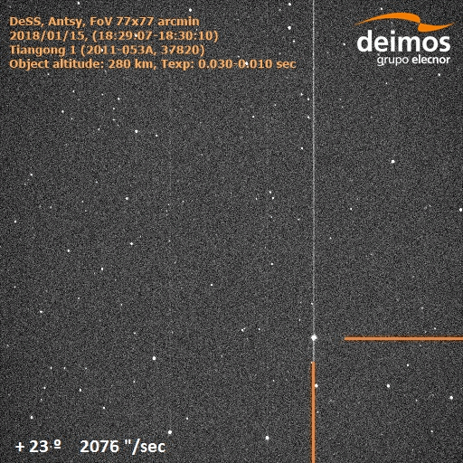 Animation comprising multiple DSS Antsy images showing Tiangong-1 acquired 15 Jan 2018 Credit: 2018 Deimos Sky Survey