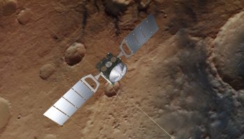 Artist's impression of Mars Express. The background is based on an actual image of Mars taken by the spacecraft's high resolution stereo camera Credit:s: Spacecraft image credit: ESA/ATG medialab; Mars: ESA/DLR/FU Berlin, CC BY-SA 3.0 IGO