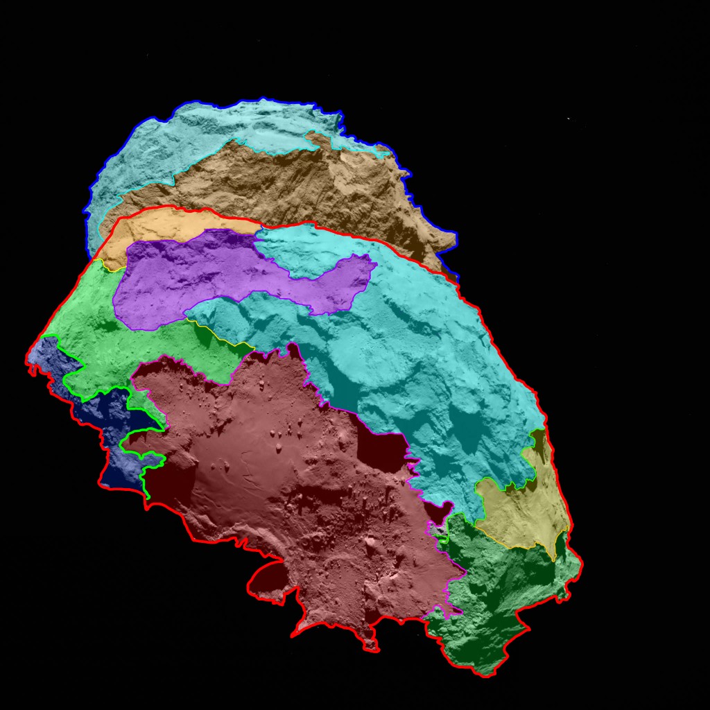 Several morphologically different regions are indicated in this view, which is oriented with the comet’s ‘body’ in the foreground and the ‘head’ in the background. Credits: ESA/Rosetta/MPS for OSIRIS Team MPS/UPD/LAM/IAA/SSO/INTA/UPM/DASP/IDA 