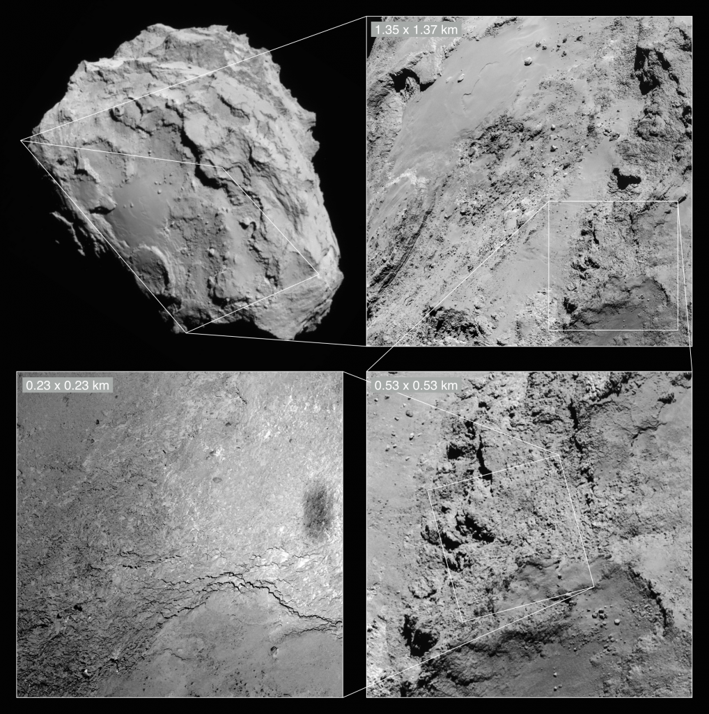 The OSIRIS narrow-angle camera image from the close flyby shown here in context with a NAVCAM image. Credits: NAVCAM: ESA/Rosetta/NAVCAM – CC BY-SA IGO 3.0; OSIRIS: ESA/Rosetta/MPS for OSIRIS Team MPS/UPD/LAM/IAA/SSO/INTA/UPM/DASP/IDA