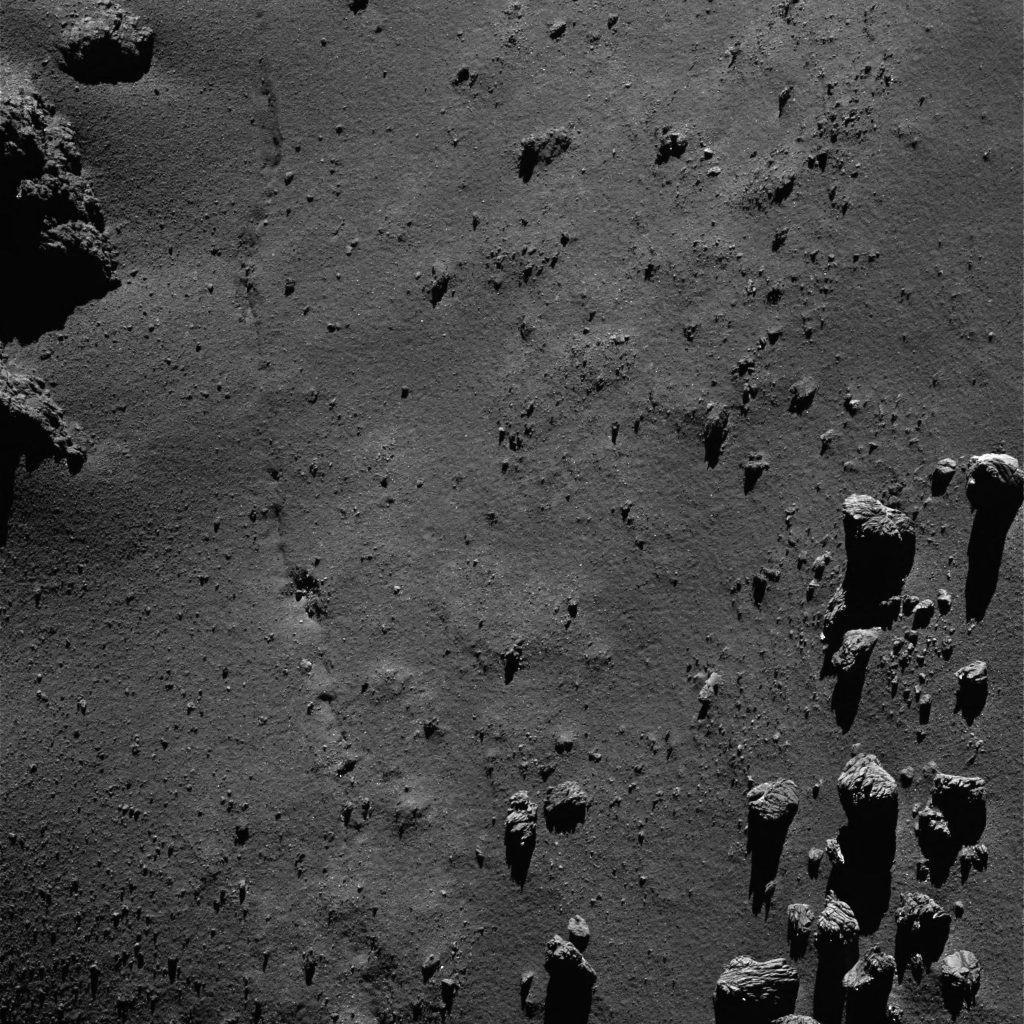 OSIRIS narrow-angle camera image taken on 20 July 2016, when Rosetta was 9.1 km from the centre of Comet 67P/Churyumov–Gerasimenko. The scale is 0.16 m/pixel at the comet and the image measures about 330 m. Credits: ESA/Rosetta/MPS for OSIRIS Team MPS/UPD/LAM/IAA/SSO/INTA/UPM/DASP/IDA