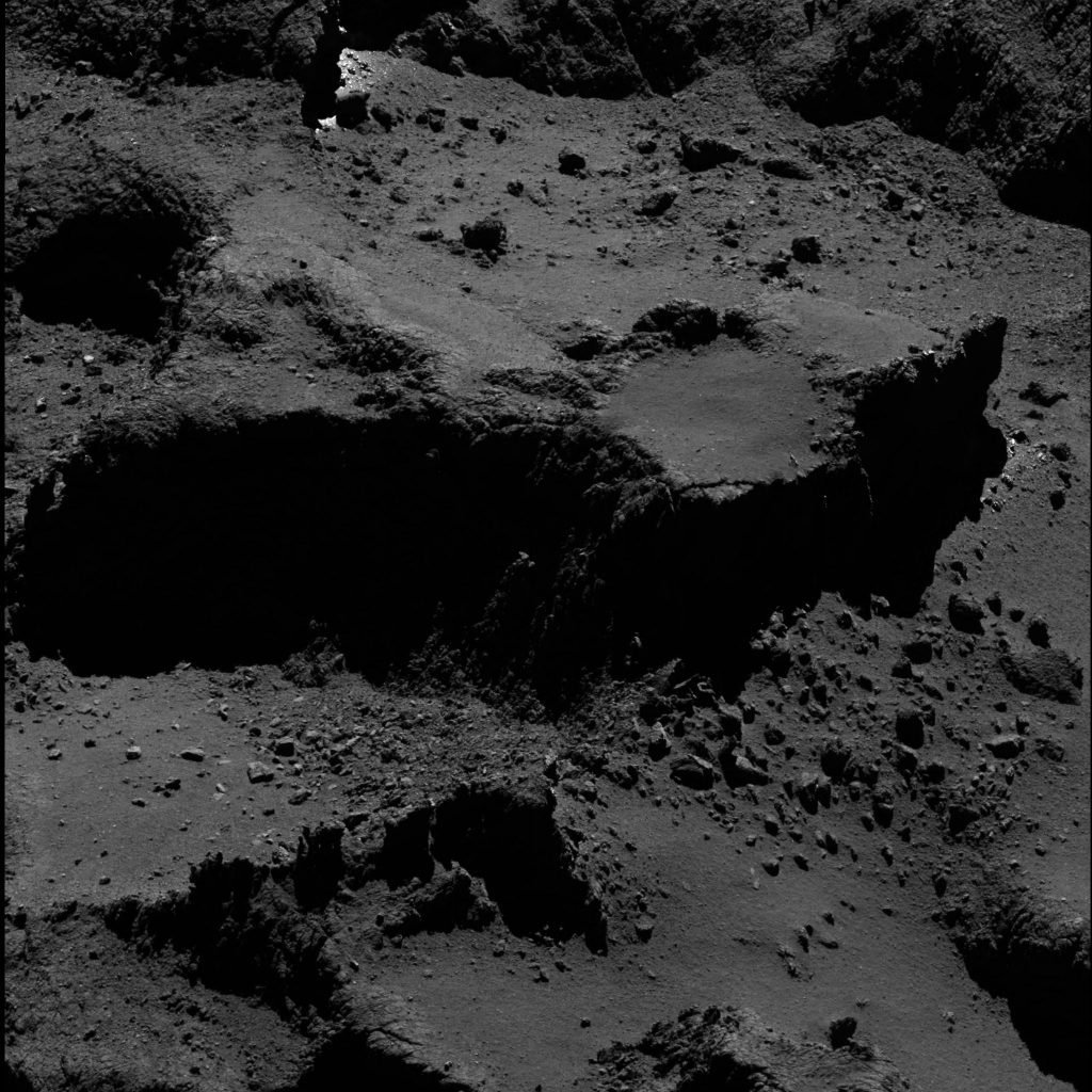 OSIRIS wide-angle camera image taken on 23 July 2016, when Rosetta was 9.6 km from the centre of Comet 67P/Churyumov–Gerasimenko. The scale is 0.16 m/pixel at the comet and the image measures about 330 m. Credits: ESA/Rosetta/MPS for OSIRIS Team MPS/UPD/LAM/IAA/SSO/INTA/UPM/DASP/IDA