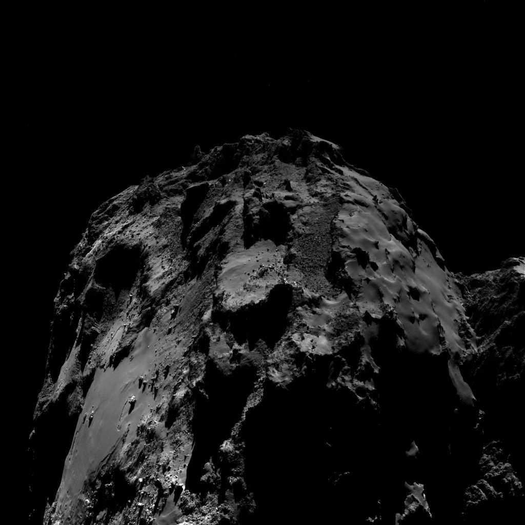 OSIRIS wide-angle camera image taken on 10 August 2016, when Rosetta was 12.8 km from the centre of Comet 67P/Churyumov–Gerasimenko. The scale is 1.18 m/pixel at the comet and the image measures about 2.4 km. Credits: ESA/Rosetta/MPS for OSIRIS Team MPS/UPD/LAM/IAA/SSO/INTA/UPM/DASP/IDA