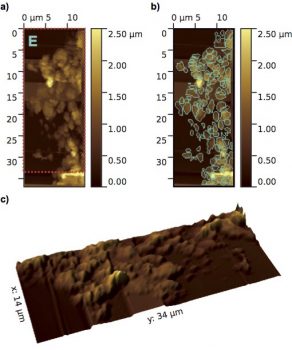 Atomic force microscope topographic images of MIDAS particle E, a loosely packed ‘fluffy’ aggregate comprising many grains. (a) Overview image with a pixel resolution of 210 nm and a colour scale representing height. b) Sub-units (grains) of the particle detected at the resolution of the instrument are outlined. (c) 3D image of the particle corresponding to the area covered by the red outline in (a) with two times height exaggeration to aid visualisation.