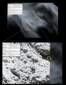 Checking OSIRIS images (foreground inset) against 3D shape models (background). The triangular facets helped identify the location visibility. This approach is used in planning the observations as well as in checking the results afterwards. Credits: ESA/Rosetta/SGS/R. Andres; Inset: ESA/Rosetta/MPS for OSIRIS Team MPS/UPD/LAM/IAA/SSO/INTA/UPM/DASP/IDA