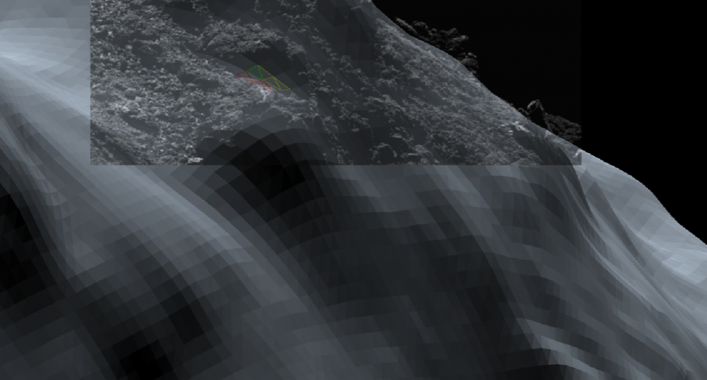 An overlay of an OSIRIS image of the nose rock on the 3D shape model where the discrepancy between the two is clear. Credits: ESA/Rosetta/SGS/R. Andres; Inset: ESA/Rosetta/MPS for OSIRIS Team MPS/UPD/LAM/IAA/SSO/INTA/UPM/DASP/IDA