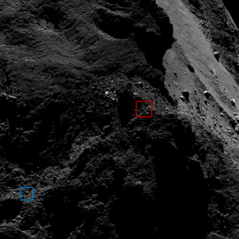 Context image showing the relative positions of the ‘red’ and ‘blue’ candidates. The image was taken on 9 March 2016, 15 km from the surface. Credits: ESA/Rosetta/MPS for OSIRIS Team MPS/UPD/LAM/IAA/SSO/INTA/UPM/DASP/IDA