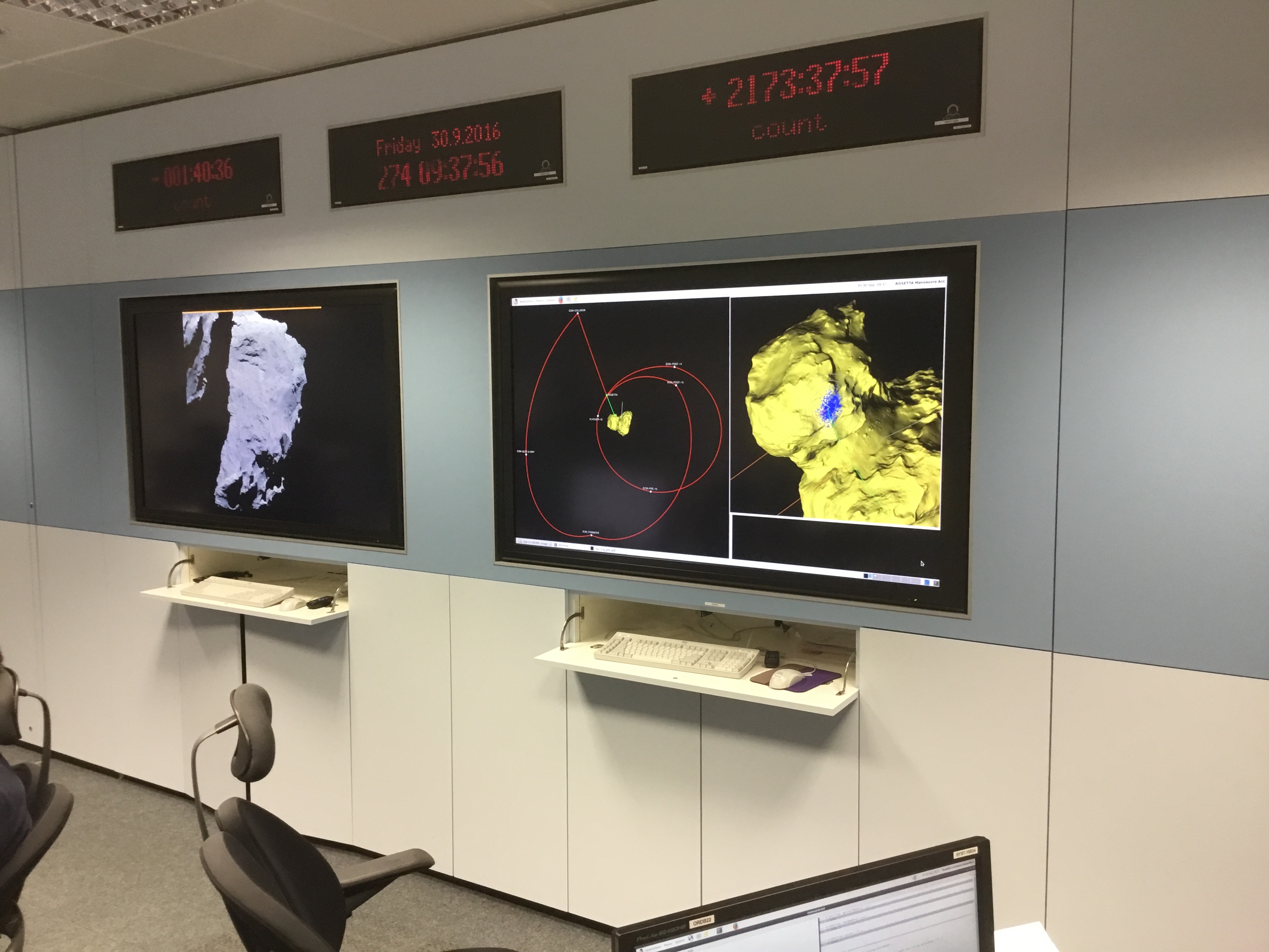 Visualisation screens in the Flight Dynamics control room at ESOC. Credit: ESA