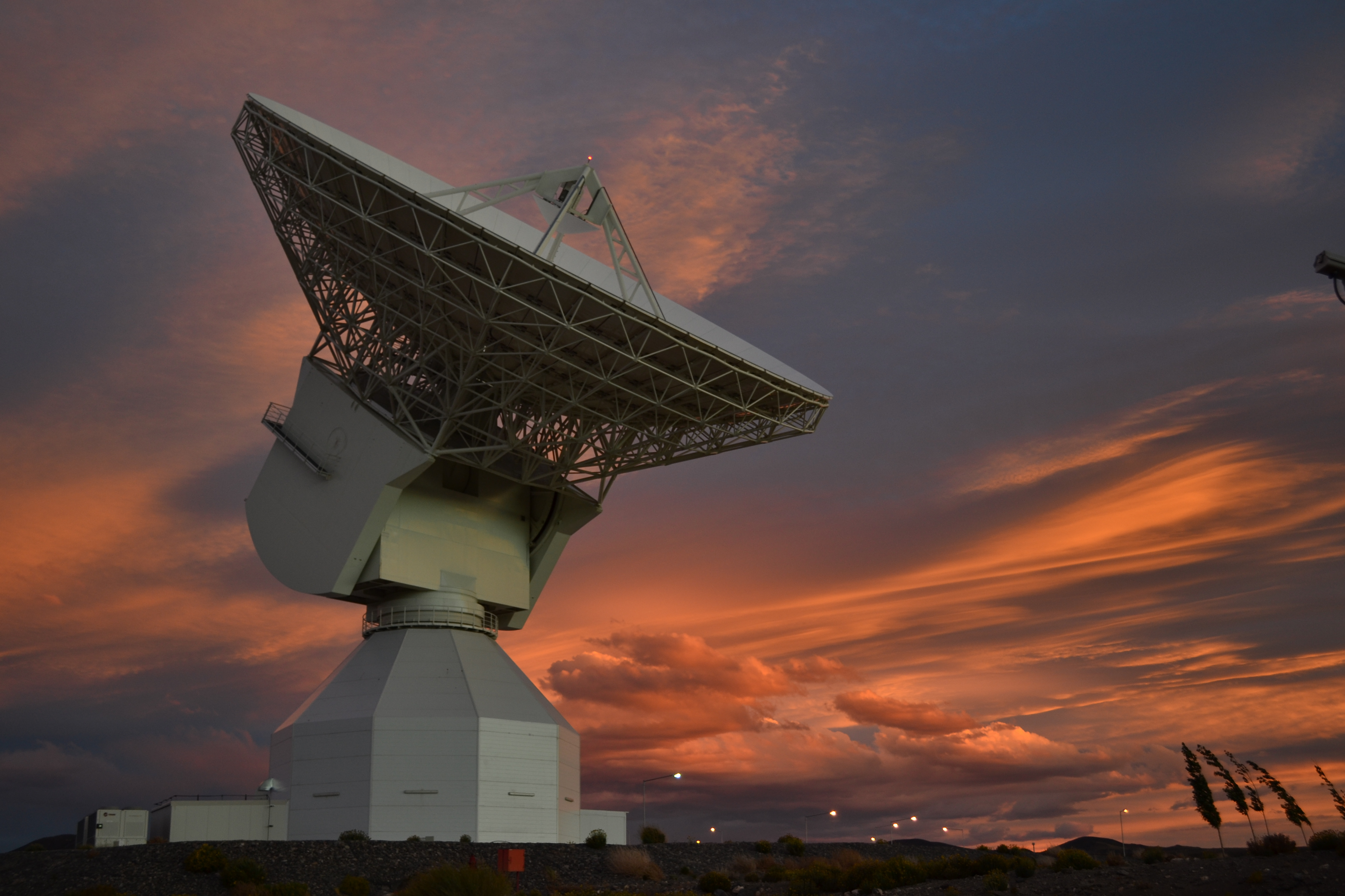 ESA's 35 m-diameter deep-space tracking station at New Norcia, Australia, seen during a dramatic sunset, 11 November 2014. Credit: ESA