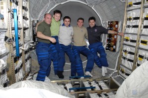 Expedition 16 and 17 crewmembers inside Jules Verne ATV 2008