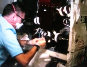 ESA astronaut Paolo Nespoli removes failed valve in Columbus 27 February 2011