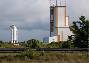 ATV-3's Ariane 5 launcher during transfer to the Final Assembly Building at Kourou. Credit: ESA/CNES/Arianespace/Optique Vidéo du CSG – P. Baudon