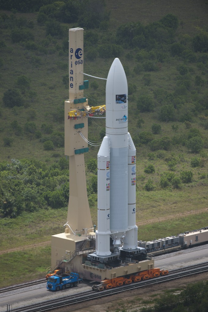 Ariane 5 with ATV Edoardo Amaldi during transfer to the launch pad, 21 March 2012 Credit: ESA/S. Corvaja, 2012