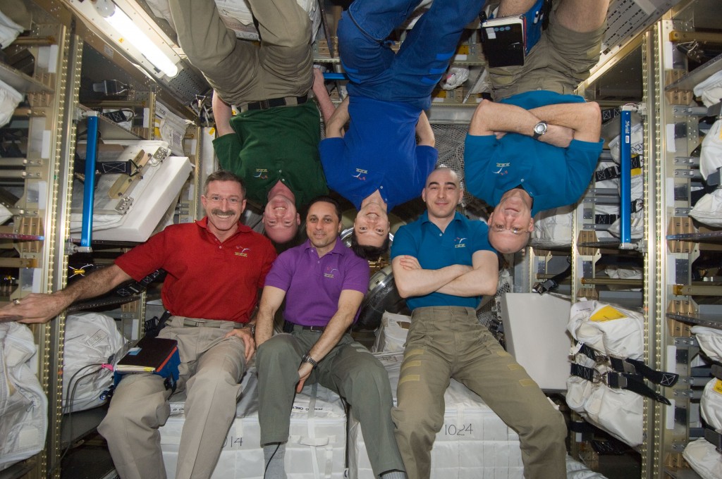 Expedition 30 crew members pose for an in-flight crew portrait in the European Space Agency's "Edoardo Amaldi" Automated Transfer Vehicle-3 (ATV-3) Credit: NASA