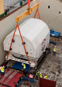 ATV-4 in its container together with its temperature control unit. Credit: ESA/CNES/Arianespace/Optique Video du CSG