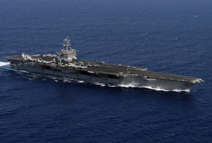 The aircraft carrier USS Enterprise (CVN 65) cruises underway in the Atlantic Ocean with her embarked Carrier Air Wing One (CVW-1).