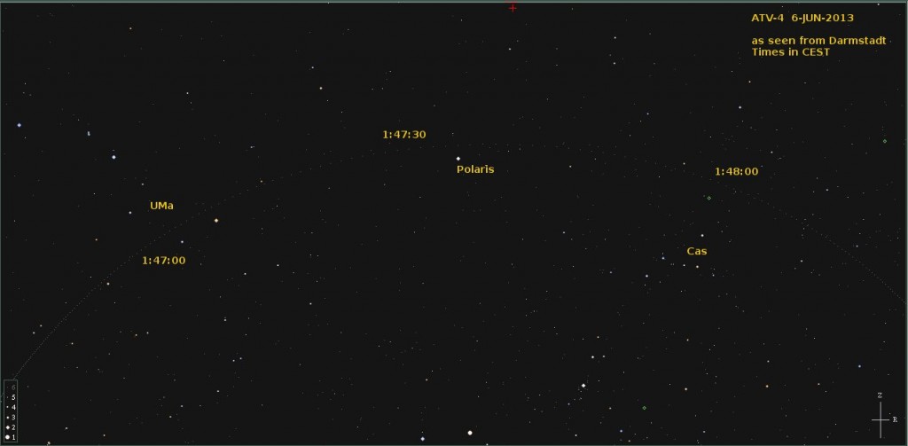 Sky map showing where ATV-4 will be visible on 6 June. At 01:47CEST it passes the Big Dipper, half a minute later it flies 3° above Polaris