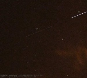 ATV-1 and the International Space Station close together in one image, 31 March 2008. Credit: M. Langbroek