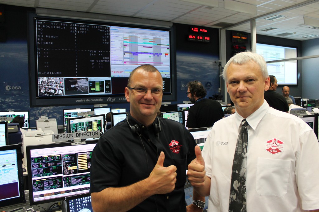 ESA's Kris Capelle and Jean-Michel Bois at ATV-CC after ATV-4 Docking 15 June 2013 Credit: ESA