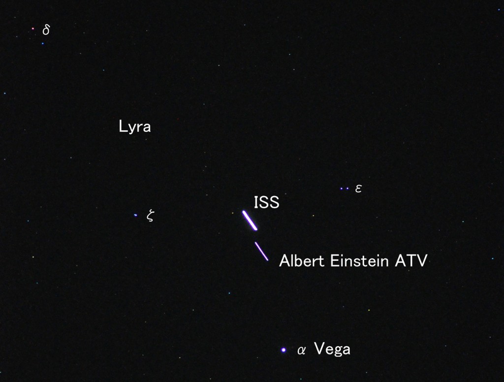 The ISS and ATV-4 seen in orbit above Japan, shortly after undocking at 09:55 CET, 28 October 2013. Credit: Yujiro Suzuki
