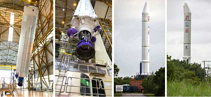 In the two photos at left, Ariane 5’s core cryogenic stage is raised for its positioning over the mobile launch table inside the Spaceport’s Launcher Integration Building – which was followed by rollout of the heavy-lift vehicle’s two large solid rocket boosters (photos at right). Credit: credit: ESA/CNES/Arianespace - Photo Optique Video du CSG