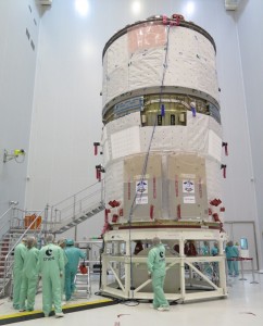 ATV-5 under inspection in Kourou on Saturday, 17 May, just prior to fuelling in the week of 19 May. Credit: ESA