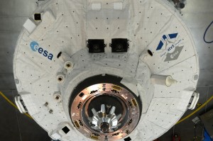 ATV5 front cone with LIRIS sensors just prior to Ariane 5 fairing encapsulation. Lidar: upper left side along the external diameter. There are three visible and Infrared cameras located around the docking cone on the left side. Credits: ESA