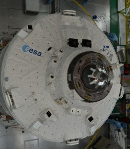 ATV5 in the BAF, before launch; the cameras are just to the right of the ESA logo. The lidar at the top. Credit: ESA