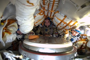 Steve, Aleksander and Oleg testing their spacecraft for their flight home. Credits: ESA/NASA