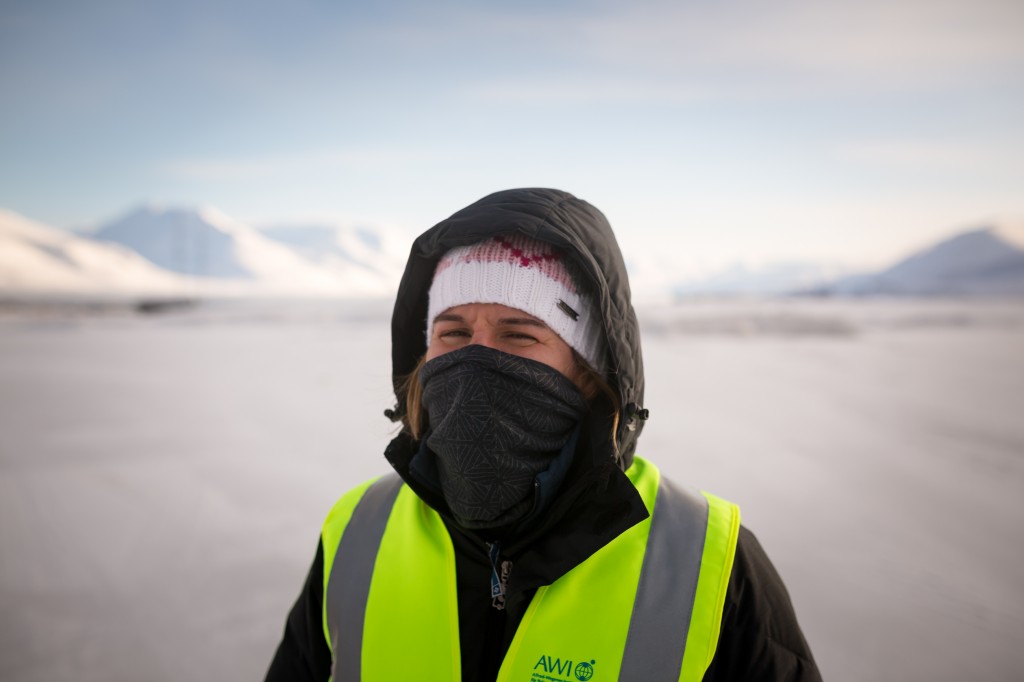 ESA's Tania Casal braving the cold for the SMOS-ice campaign. (S. Hendricks, AWI)