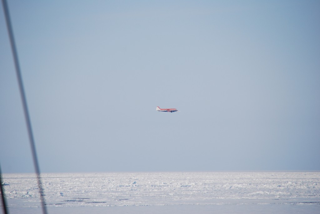 AWI’s Polar-5 aircraft crossing our route in the middle of the Barents Sea.  (ESA–M. Drusch) 