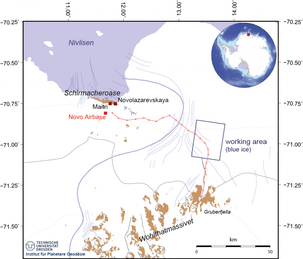 Overview map of our working area. The area comprising Schirmacher Oasis, blue ice region and Wohlthat Massif is situated in central Dronning Maud Land, Atlantic sector of East Antarctica. (TUD)