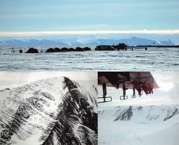 Thiel camp with the mountains in the background. Close up the mountains show spectacular folded layers of rock, while radar antennas beneath the aircraft wing measure the thickness of the ice around the mountains. (BAS)