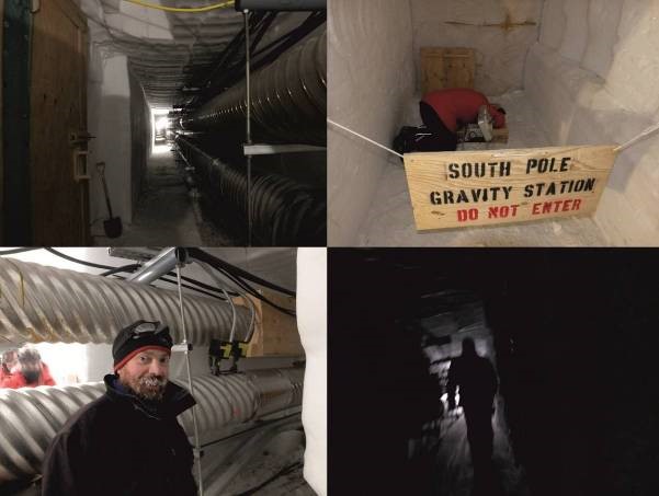 The tunnels beneath South Pole station – one of the spookiest places I have ever been. Rene Forsberg taking a measurement at the South Pole Gravity station. At a constant -47°C even with no wind ice forms on any surface, even Carl’s beard. Finally, if you look back you may see an unknown stranger. (BAS)