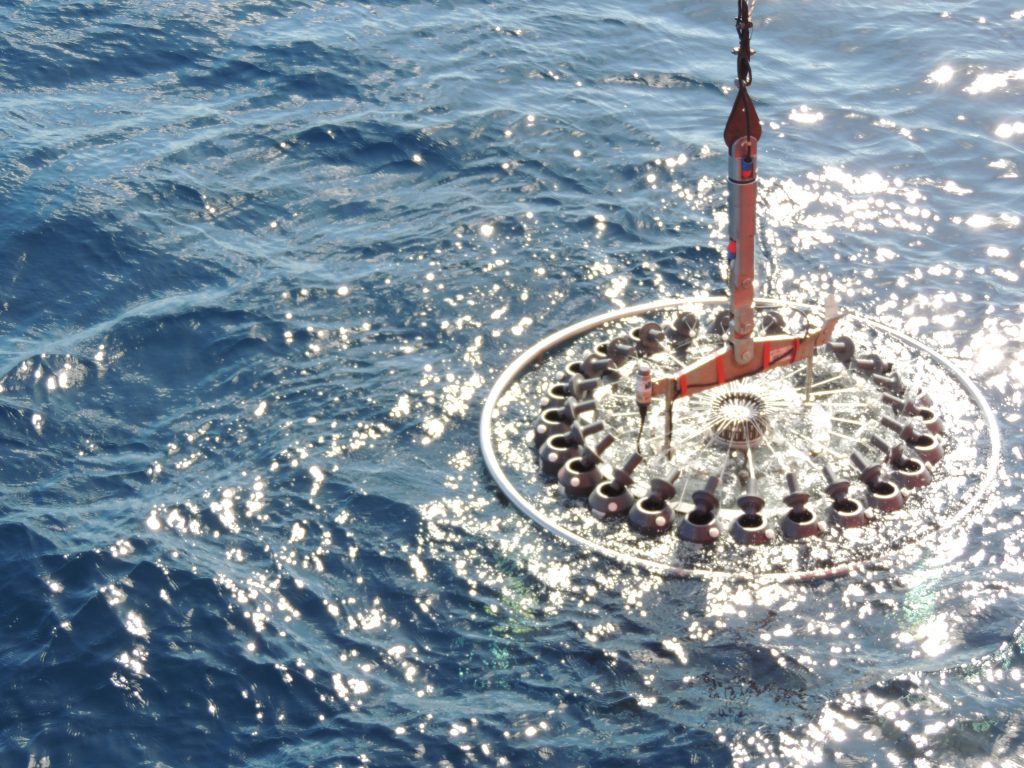Conductivity, temperature and depth sampling in the sunlit blue waters of the Gyre. (PML)