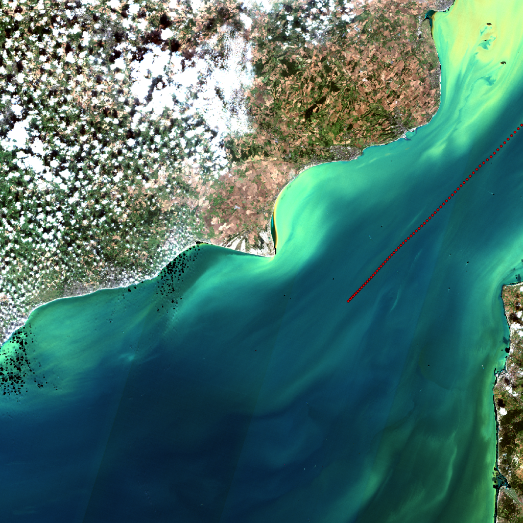 Southeast England and English Channel from Sentinel-2A overlaid with the AMT ship track. (Contains modified Copernicus Sentinel data, 2016)