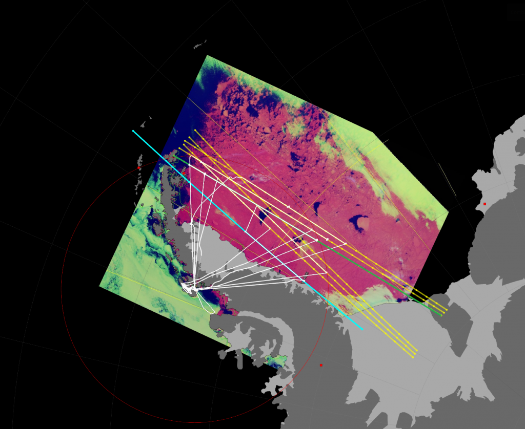 Map of the tracks flown (white). In yellow are the ground tracks of the CryoSat satellite, cyan ICESat-2, and green is theCRYO2ICE orbit underflown on the 13 December 2023. Background image shows sea ice in pink, open water in blue and cloud in lime green. Large expanses of open water in front of large icebergs, like the one we flew over on 12 December are clearly visible. (credits: campaign team)