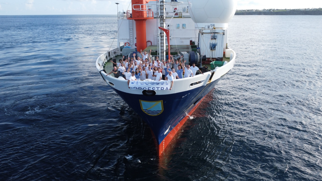 The crew of the Meteor as the ship finally arrives in Barbados. (Max Planck Institute for Meteorology-G. George)