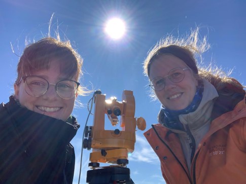 Marie (left) and Audrey (right) with the theodolite with which they surveyed the sun (when it wasn’t raining!). (DTU Space-Marie Eldor)