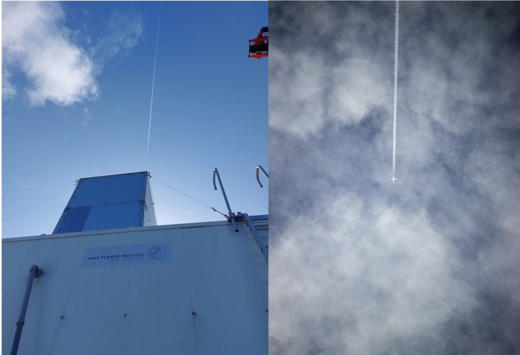 Measuring with LICHT lidar during HALO overflights, of which you can see the contrails, and EarthCARE overpasses. (left: National Observatory of Athens-P. Paschou. Right: Max PLanck Institute for Meterology-G. George)