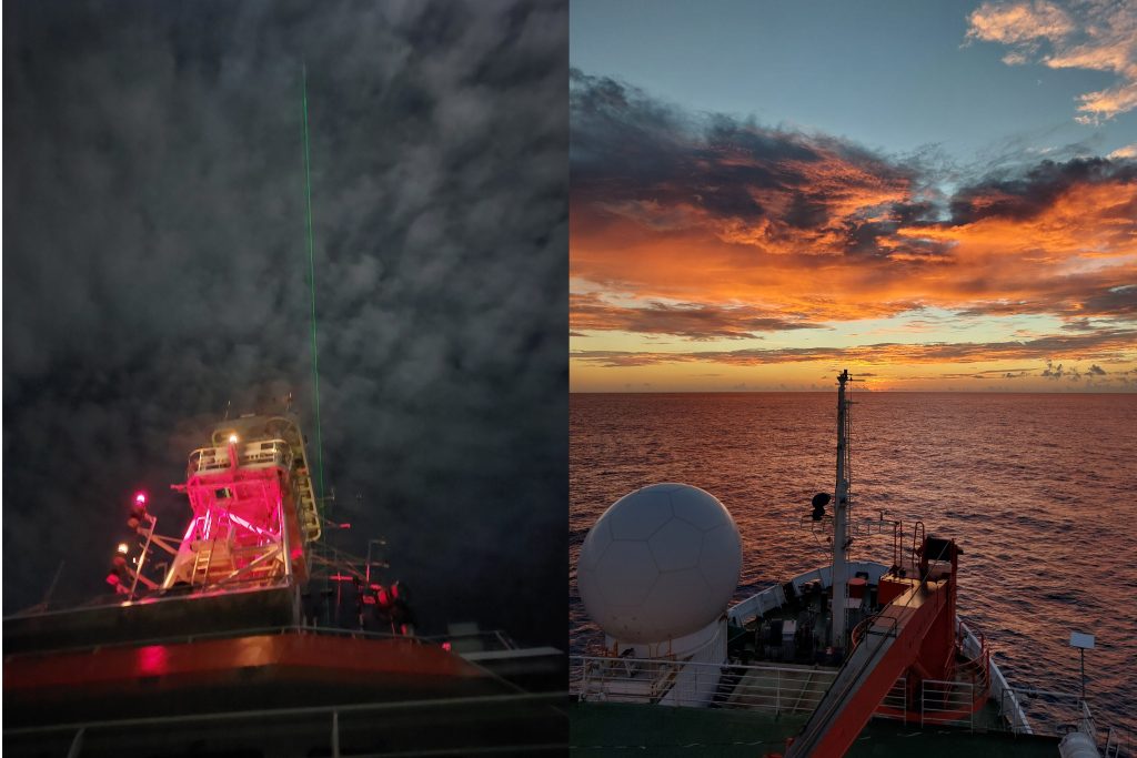 Left: The green beam of the LICHT lidar pointing to the sky on a cloudy night. Right: One of the many colourful and cloudy sunsets. (National Observatory of Athens-P. Paschou)