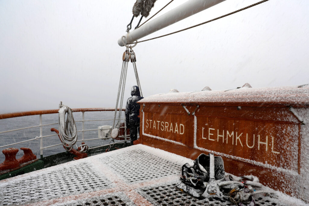 The Buoy Watch in the snow - looking for anything in the water, and eyes open in case of a "man over board". (Ocean Media Lab)
