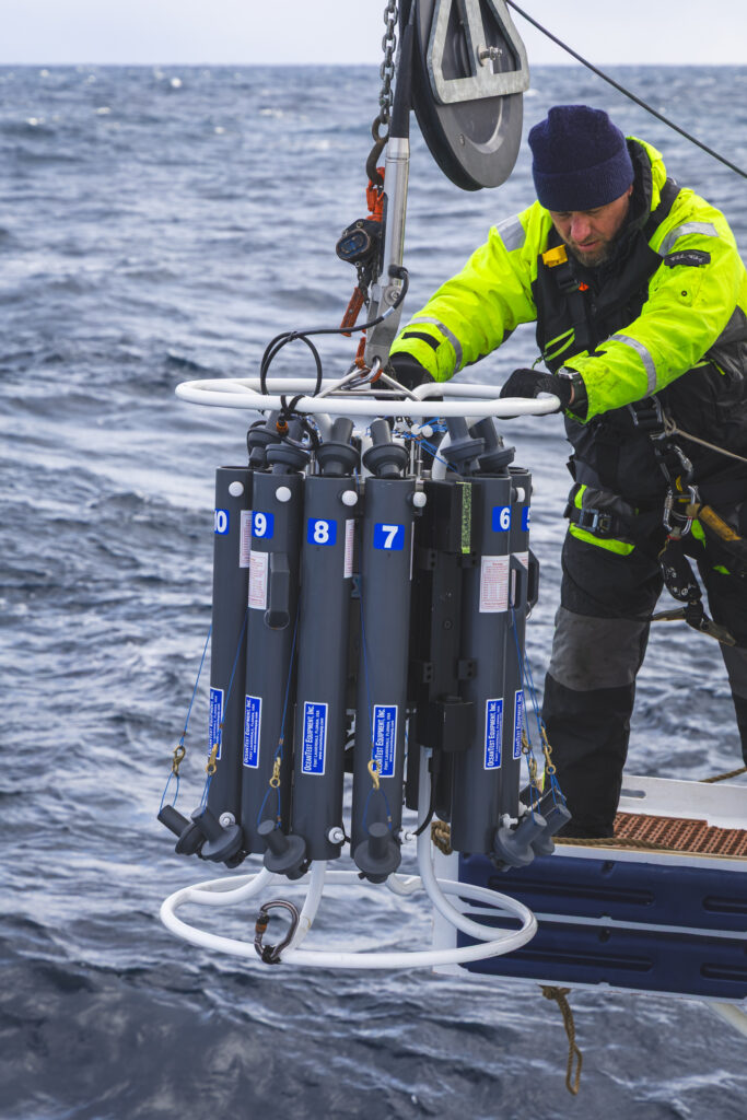 Jesper, the bosun on board, getting ready to drop the conductivity, temperature and depth rosette. (Ocean Media Lab)