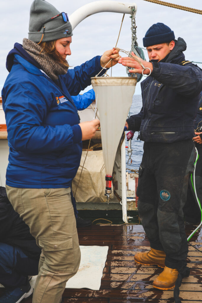 Dr Kat Morrissey getting ready to collect phytoplankton with a 20 micrometre net from a depth of 100 m. (Ocean Media Lab)