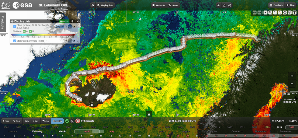 Sentinel-3 Chlopphyll-a data overlaid with the route from Tromsø to Iceland. As the ship traces its way through the North Atlantic bloom, a high concentration of chlorophyll (in red) reveals thriving phytoplankton populations captured from space. This snapshot coincides with in-situ sampling stations where Brishan and fellow students collected water samples to cross-reference biological diversity against these vivid satellite patterns. (Ocean Virtual Lab)