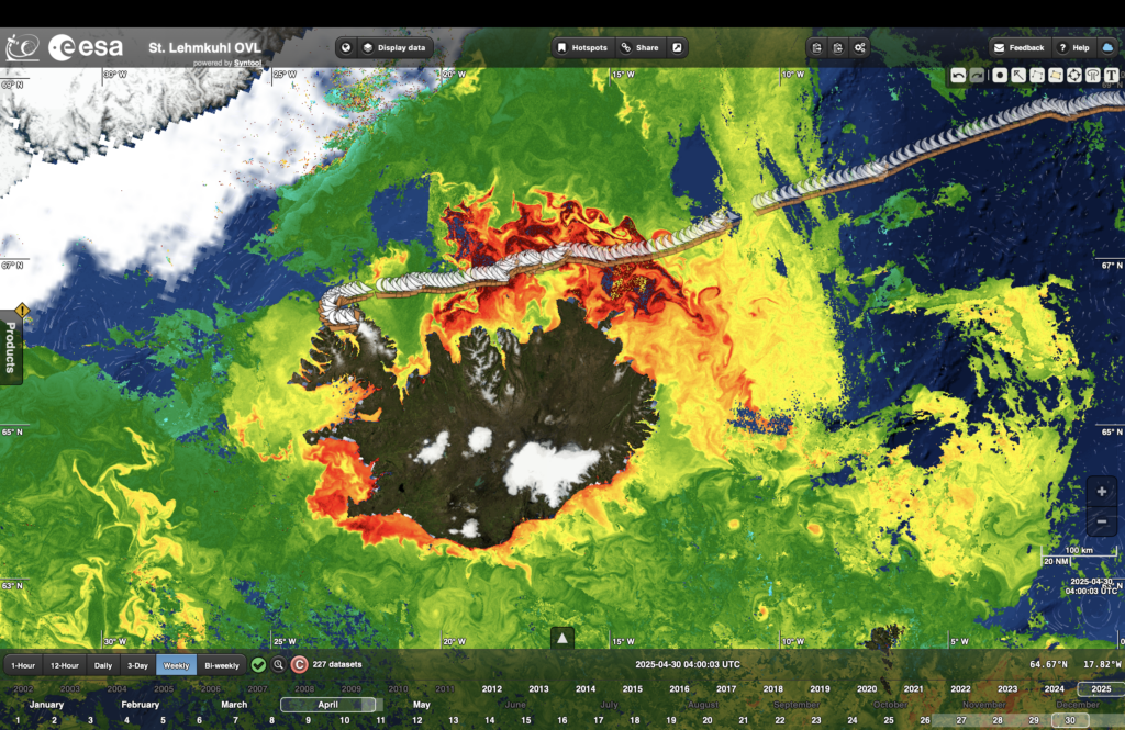 On 3 May 2025, Copernicus Sentinel-3 OLCI recorded an extreme phytoplankton bloom, on the northern side of Iceland, at the same location where the expedition made <em>in-situ</em> measurements with plankton nets, a Conductivity-Temperature and Depth (CTD) system, and drones. (Credit: Ocean Virtual Lab). Satellite image shows the seas around Iceland and Greenland, showing a high level of phytoplankton in the water.