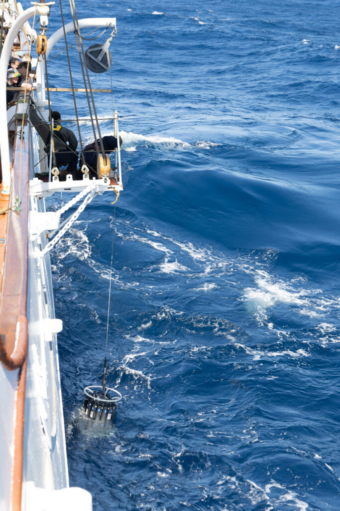 CTD rosette entering the waters off Portugal. (Ocean Media Lab)