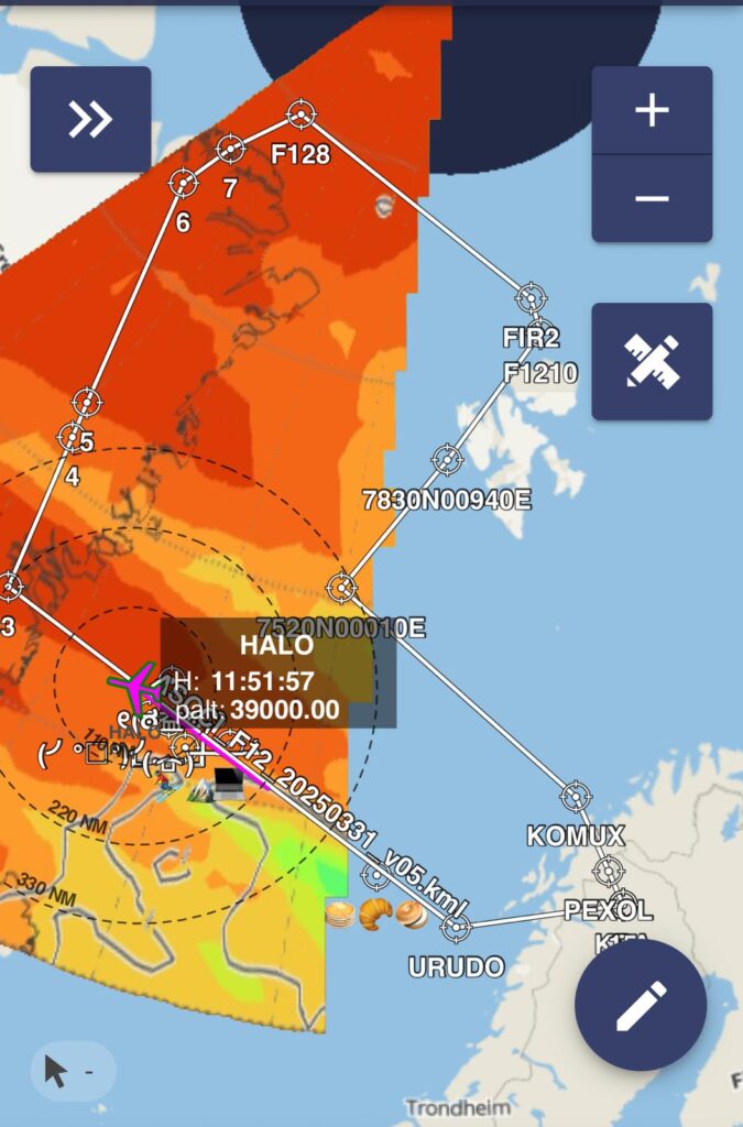 An example of a planned flight to align under an EarthCARE orbit off the coast of Norway. (Image credit: Silke Groß, DLR)