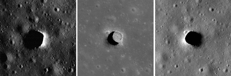 Three images of the Marius Hills pit imaged by NASA’s Lunar Reconnaissance Orbiter. This pit is about 34 metres deep and 65 by 90 metres wide. Marius Hills and other pits may be 'skylights' into extensive lava tubes.